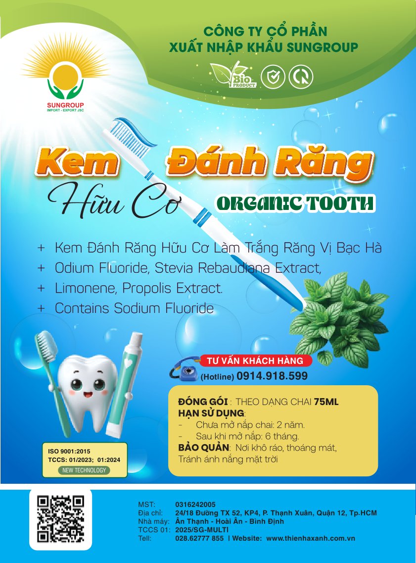 Kem đánh răng hữu cơ làm trắng răng vị bạc hà