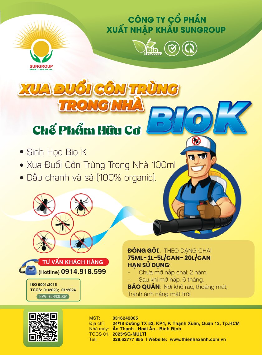 Chế phẩm hữu cơ sinh học BIO K xua đuổi côn trùng cho nhà kho, trong nhà